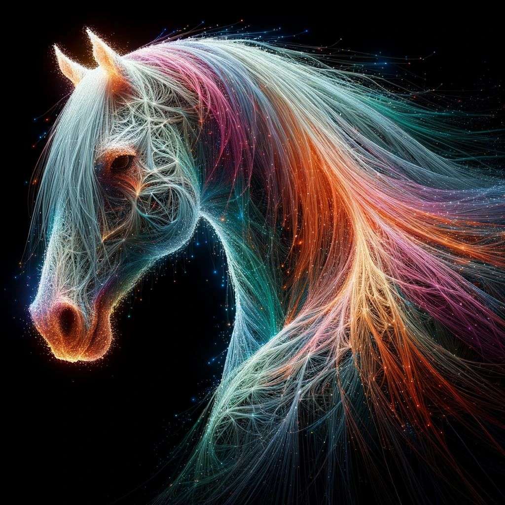a horse, made from glowing multicolored luminescent fibers, digital art
